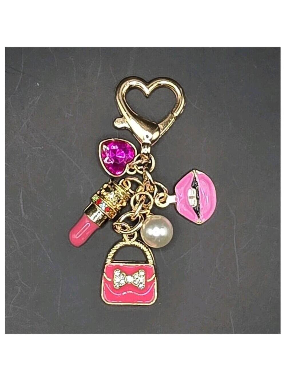 Gold Tone Heart Clasp Pink Lipstick Charm Keychain